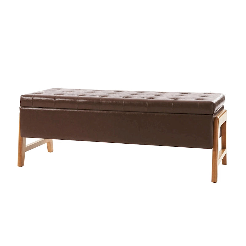 Panca contenitore imbottita in stile metà secolo con seduta trapuntata e gambe in legno – Marrone chiaro / Marrone / Turchese / Avorio / Nero / Cioccolato / Grigio / Tortora