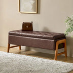 Panca contenitore imbottita in stile metà secolo con seduta trapuntata e gambe in legno – Marrone chiaro / Marrone / Turchese / Avorio / Nero / Cioccolato / Grigio / Tortora