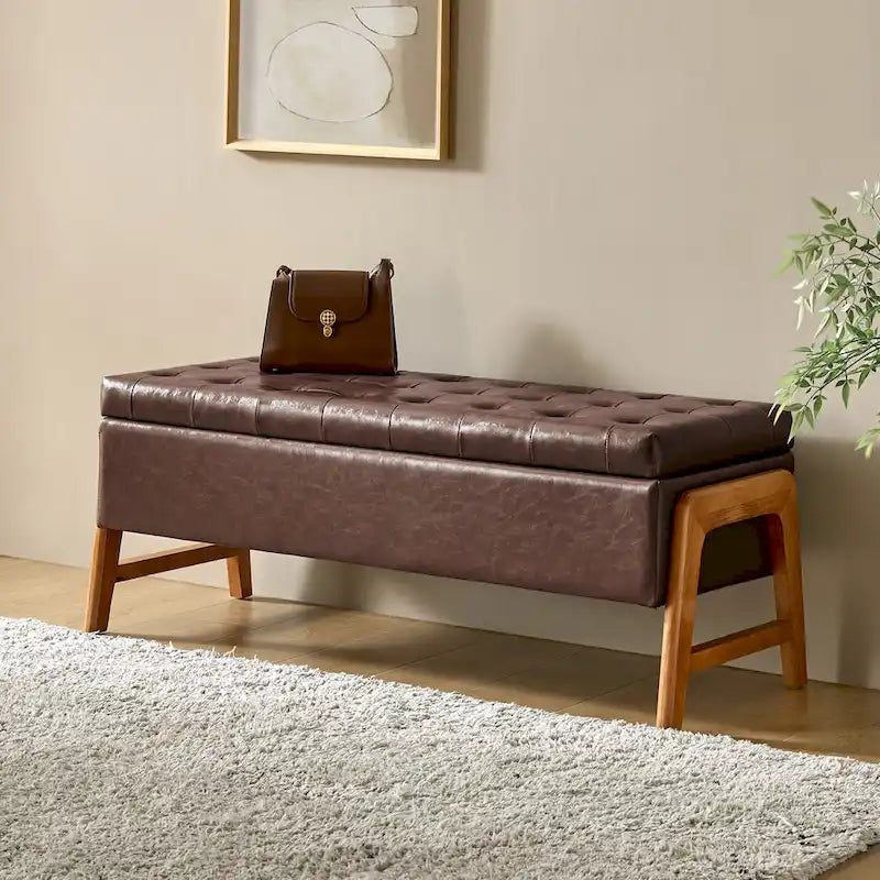 Panca contenitore imbottita in stile metà secolo con seduta trapuntata e gambe in legno – Marrone chiaro / Marrone / Turchese / Avorio / Nero / Cioccolato / Grigio / Tortora