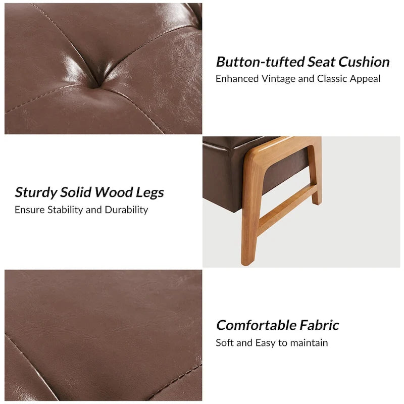 Panca contenitore imbottita in stile metà secolo con seduta trapuntata e gambe in legno – Marrone chiaro / Marrone / Turchese / Avorio / Nero / Cioccolato / Grigio / Tortora