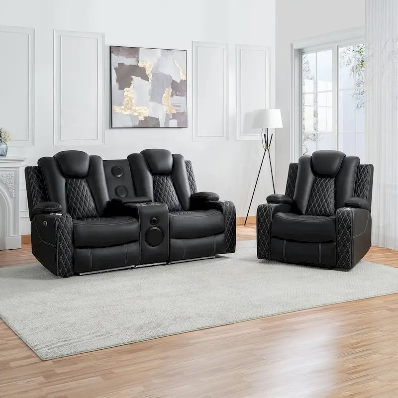 Divanetto reclinabile bianco/nero con LED, altoparlanti e ricarica wireless, 2 posti