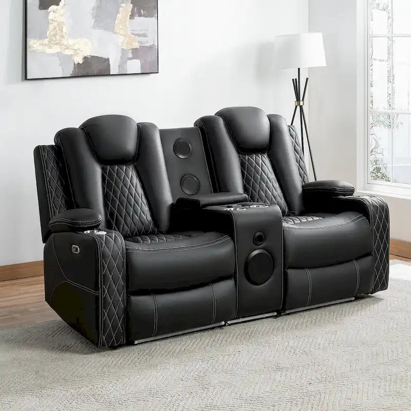 Divanetto reclinabile bianco/nero con LED, altoparlanti e ricarica wireless, 2 posti