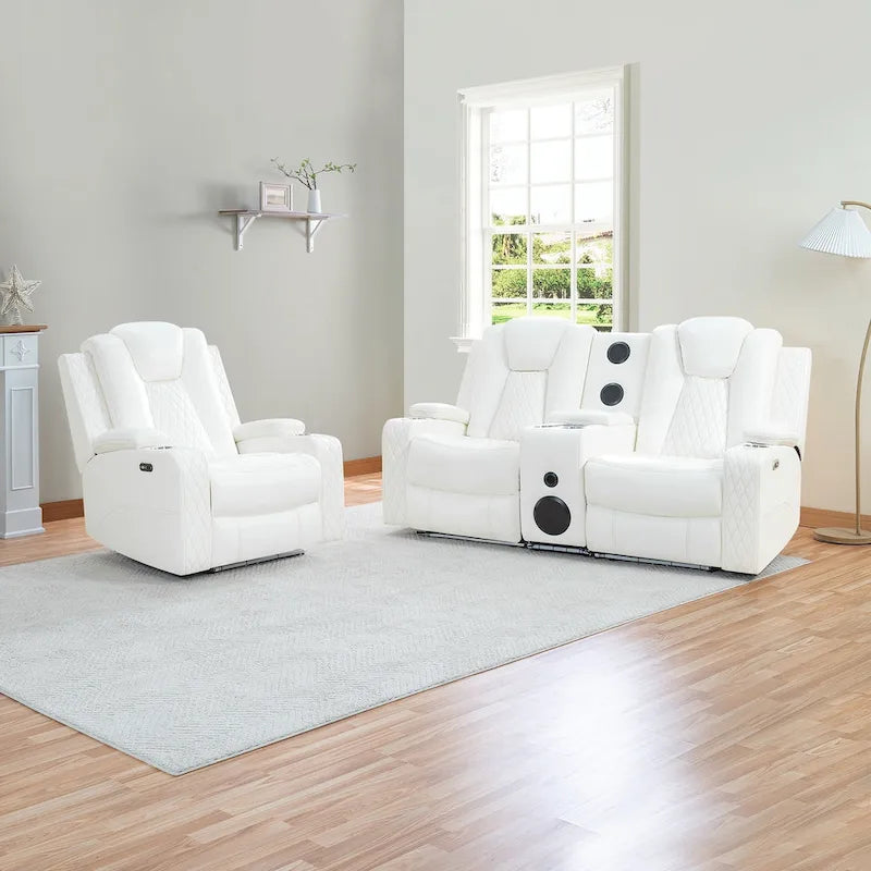 Divanetto reclinabile bianco/nero con LED, altoparlanti e ricarica wireless, 2 posti