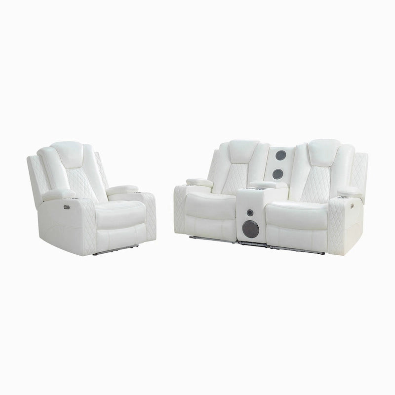 Divanetto reclinabile bianco/nero con LED, altoparlanti e ricarica wireless, 2 posti