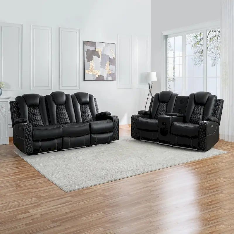 Divanetto reclinabile bianco/nero con LED, altoparlanti e ricarica wireless, 2 posti