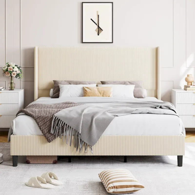 Letto imbottito in velluto con piattaforma, misura Matrimoniale/Queen/King