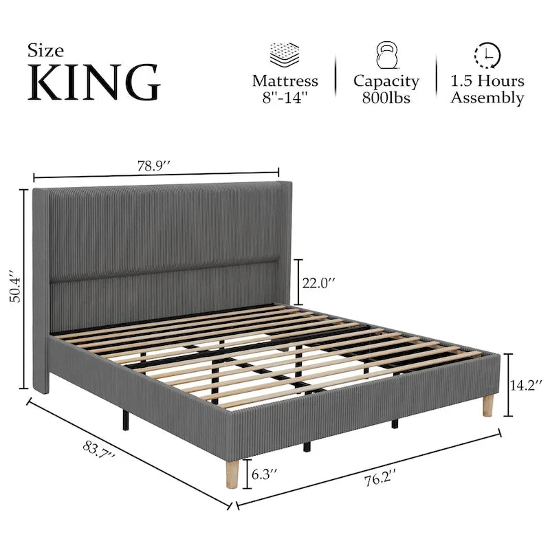 Letto imbottito in velluto con piattaforma, misura Matrimoniale/Queen/King