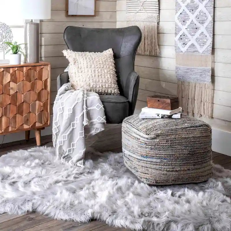 Pouf Ottomano in Denim Naturale a Maglia e Iuta – Seduta Singola