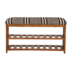 Panca contenitore in legno di acacia naturale in stile boho con rivestimento imbottito, 2 ripiani, 1 posto
