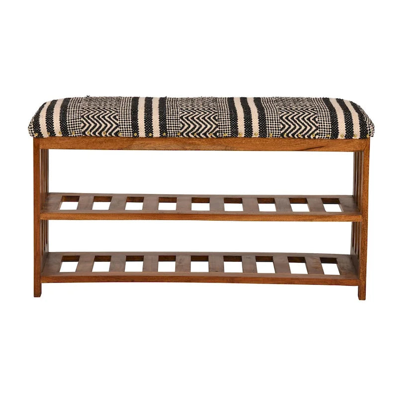 Panca contenitore in legno di acacia naturale in stile boho con rivestimento imbottito, 2 ripiani, 1 posto