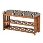 Panca contenitore in legno di acacia naturale in stile boho con rivestimento imbottito, 2 ripiani, 1 posto