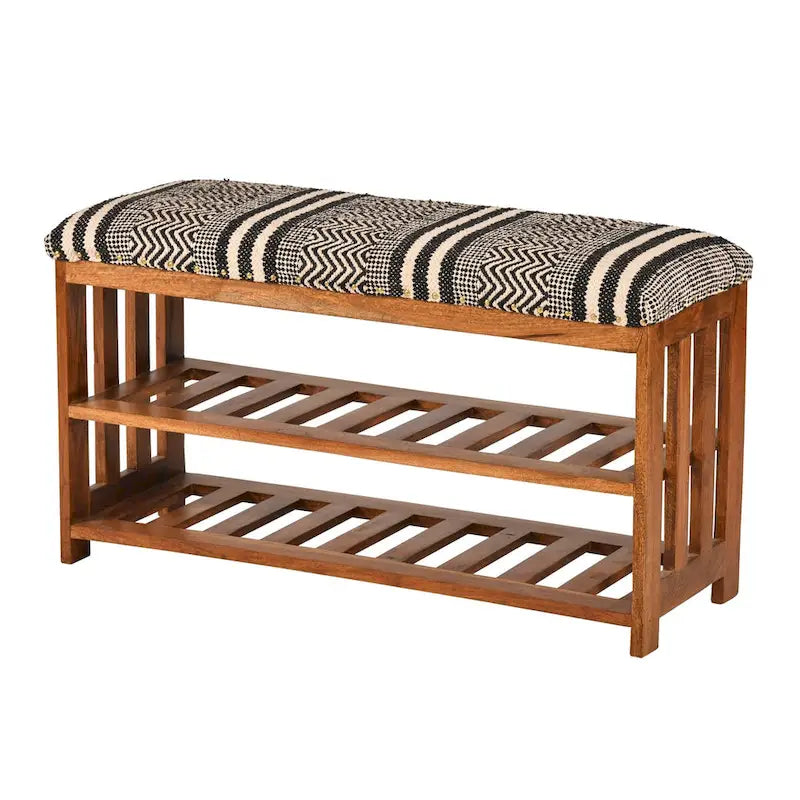 Panca contenitore in legno di acacia naturale in stile boho con rivestimento imbottito, 2 ripiani, 1 posto