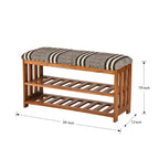 Panca contenitore in legno di acacia naturale in stile boho con rivestimento imbottito, 2 ripiani, 1 posto