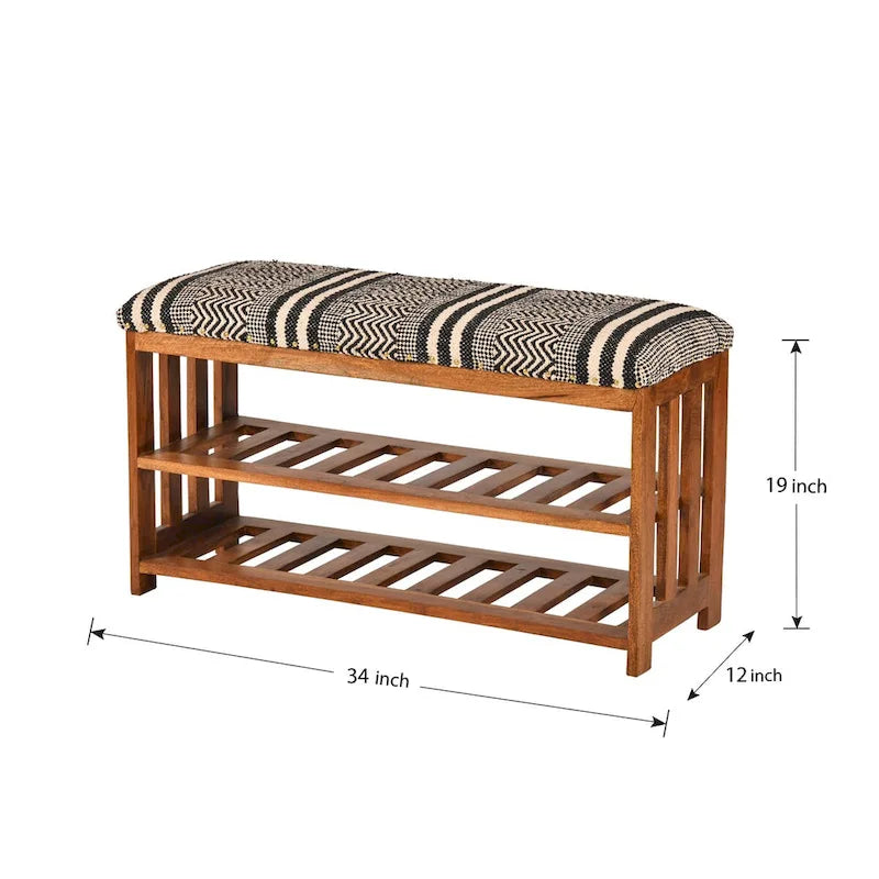 Panca contenitore in legno di acacia naturale in stile boho con rivestimento imbottito, 2 ripiani, 1 posto