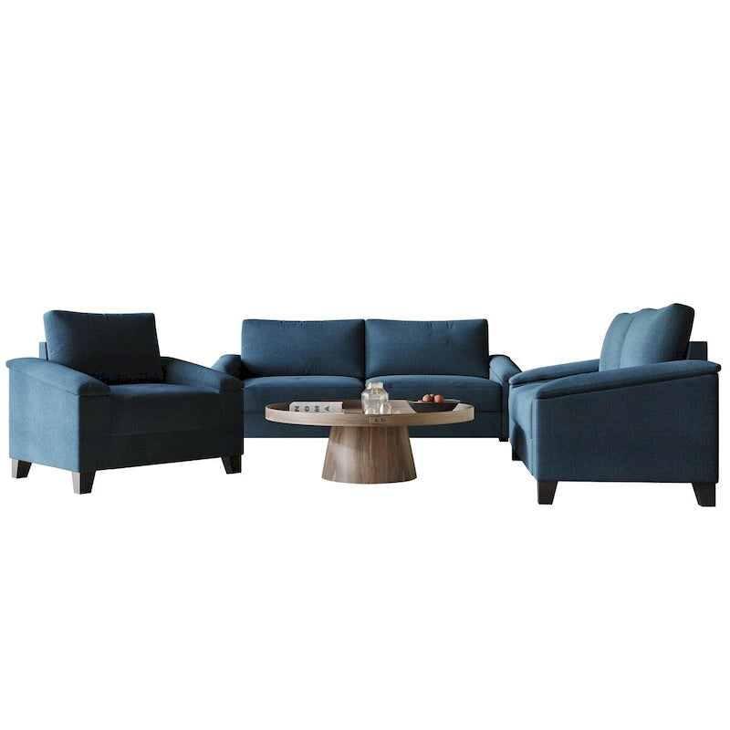Set divano 3 pezzi rivestito in lino – Poltrona, Divanetto a 2 posti e Divano (Blu / Azzurro / Beige / Grigio / Beige Scuro)