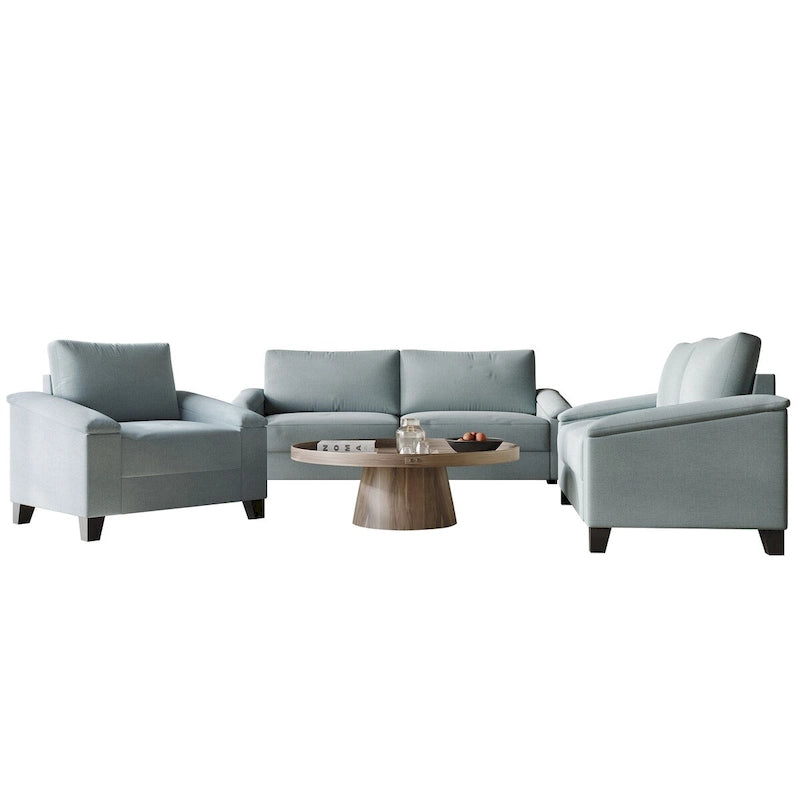 Set divano 3 pezzi rivestito in lino – Poltrona, Divanetto a 2 posti e Divano (Blu / Azzurro / Beige / Grigio / Beige Scuro)