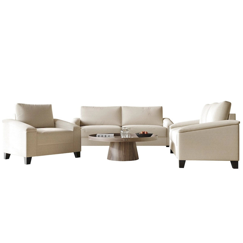 Set divano 3 pezzi rivestito in lino – Poltrona, Divanetto a 2 posti e Divano (Blu / Azzurro / Beige / Grigio / Beige Scuro)