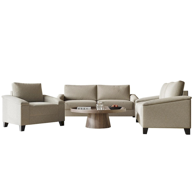 Set divano 3 pezzi rivestito in lino – Poltrona, Divanetto a 2 posti e Divano (Blu / Azzurro / Beige / Grigio / Beige Scuro)