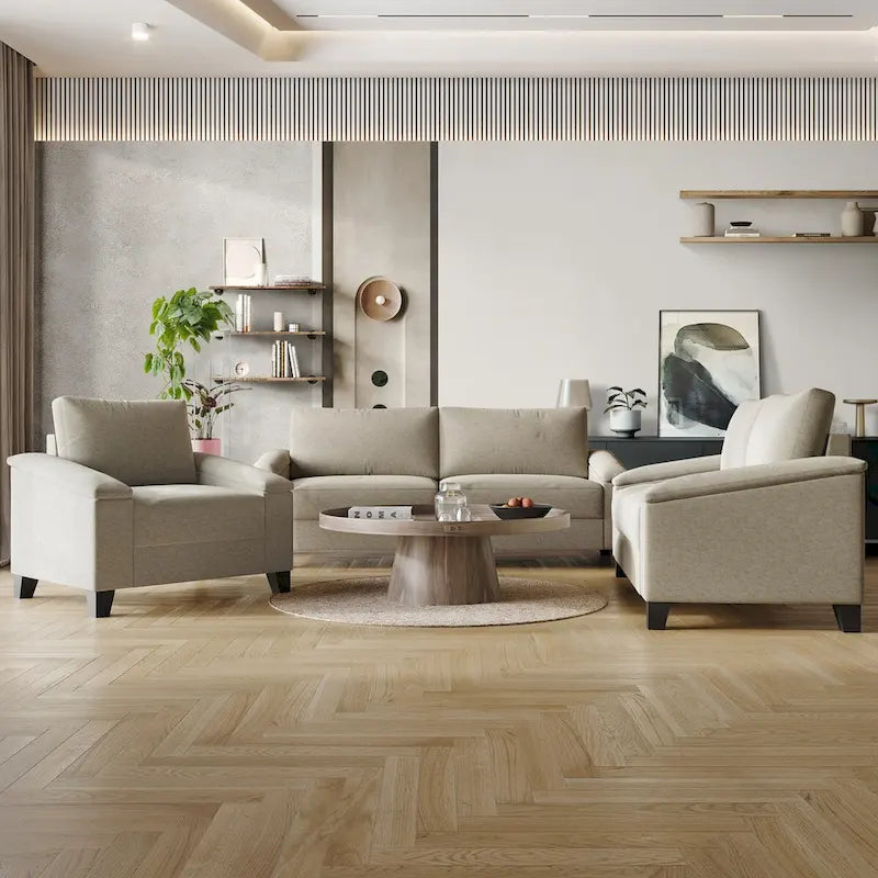 Set divano 3 pezzi rivestito in lino – Poltrona, Divanetto a 2 posti e Divano (Blu / Azzurro / Beige / Grigio / Beige Scuro)