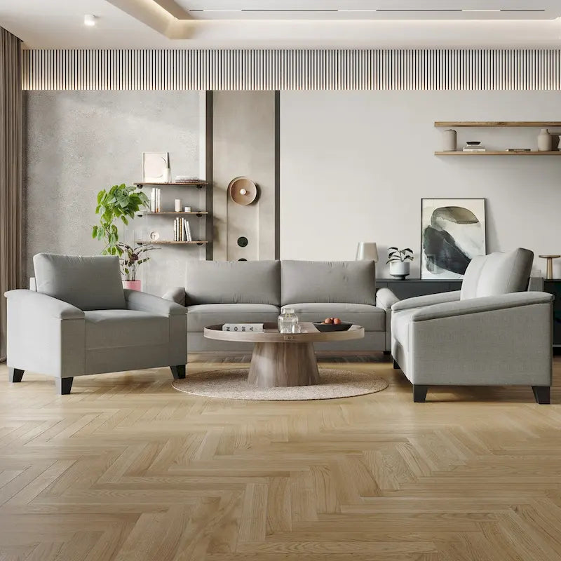 Set divano 3 pezzi rivestito in lino – Poltrona, Divanetto a 2 posti e Divano (Blu / Azzurro / Beige / Grigio / Beige Scuro)