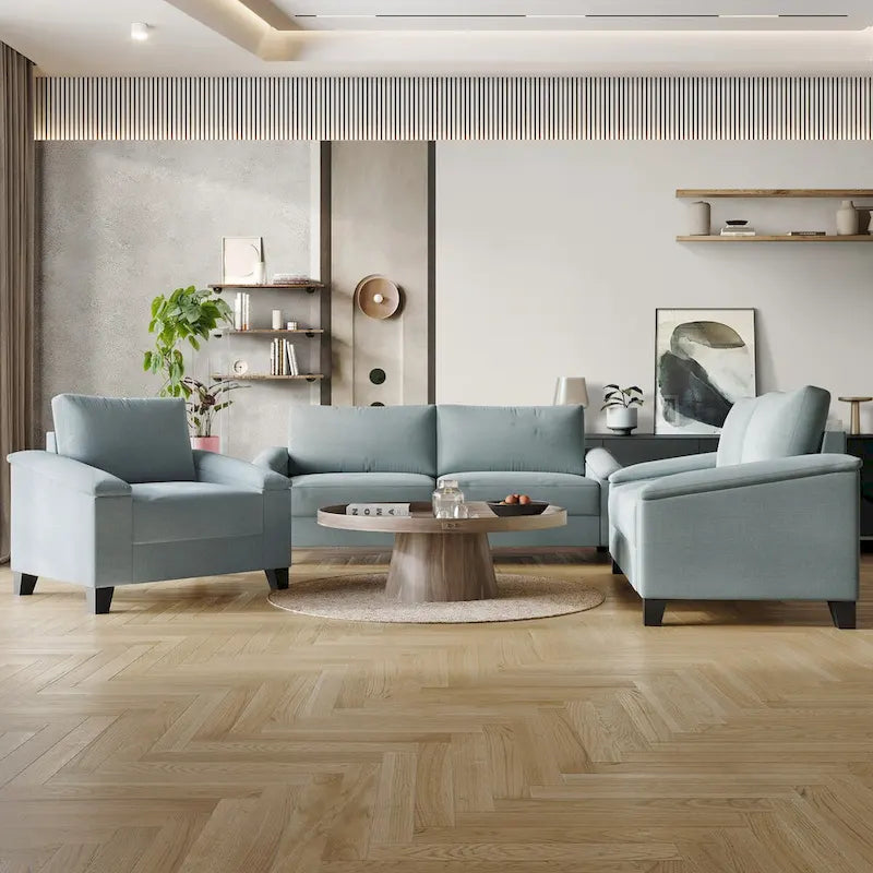 Set divano 3 pezzi rivestito in lino – Poltrona, Divanetto a 2 posti e Divano (Blu / Azzurro / Beige / Grigio / Beige Scuro)