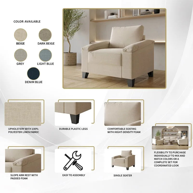 Set divano 3 pezzi rivestito in lino – Poltrona, Divanetto a 2 posti e Divano (Blu / Azzurro / Beige / Grigio / Beige Scuro)