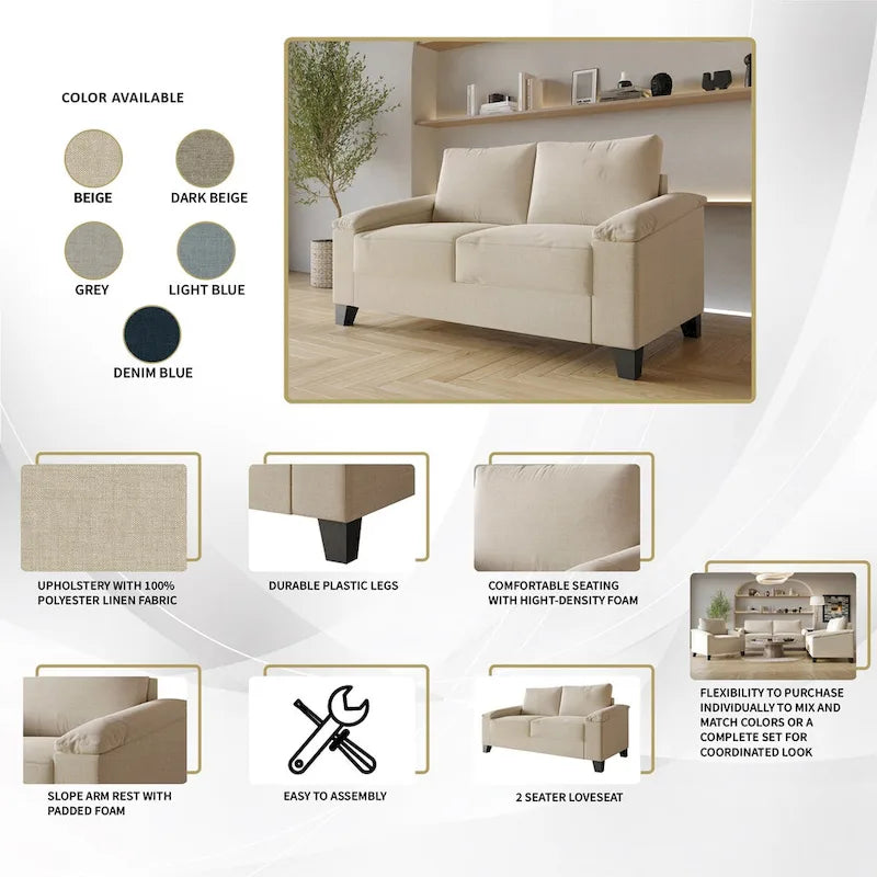 Set divano 3 pezzi rivestito in lino – Poltrona, Divanetto a 2 posti e Divano (Blu / Azzurro / Beige / Grigio / Beige Scuro)