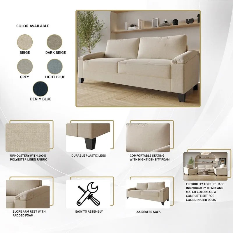Set divano 3 pezzi rivestito in lino – Poltrona, Divanetto a 2 posti e Divano (Blu / Azzurro / Beige / Grigio / Beige Scuro)