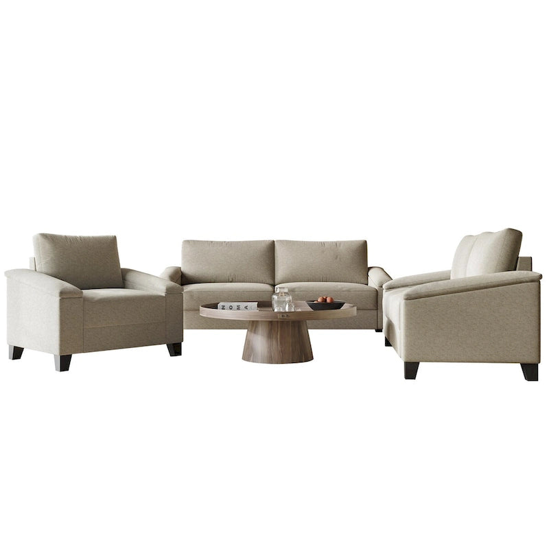 Set divano 3 pezzi rivestito in lino – Poltrona, Divanetto a 2 posti e Divano (Blu / Azzurro / Beige / Grigio / Beige Scuro)