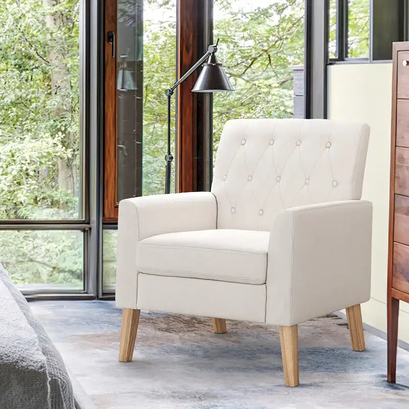 Poltrona d'accento in lino, trapuntata a bottoni, beige/grigia/verde, singola/doppia, stile metà secolo