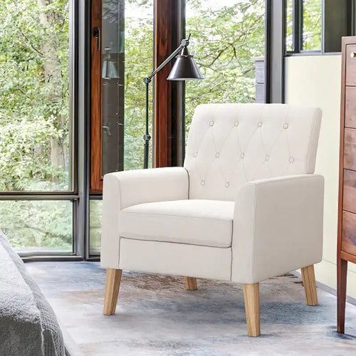 LUE BONA Modern Upholstered Accent Chair Linen Fabric Button Tufted Armchair with Solid Wood Frame - 28.5 W X 27.25 D X 33.75 H