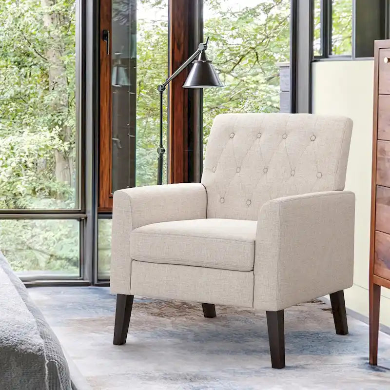 Poltrona d'accento in lino, trapuntata a bottoni, beige/grigia/verde, singola/doppia, stile metà secolo