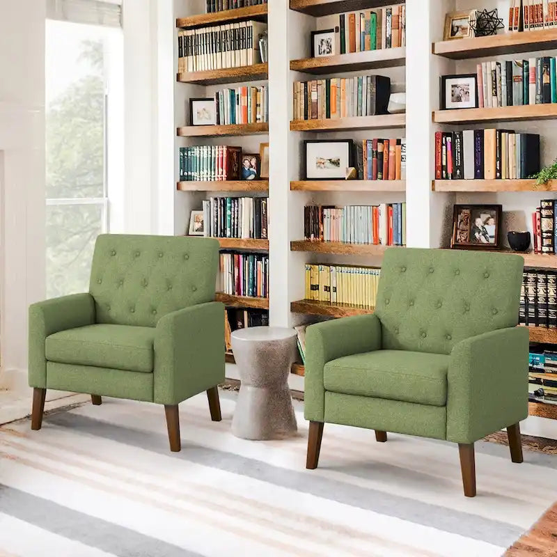 Poltrona d'accento in lino, trapuntata a bottoni, beige/grigia/verde, singola/doppia, stile metà secolo