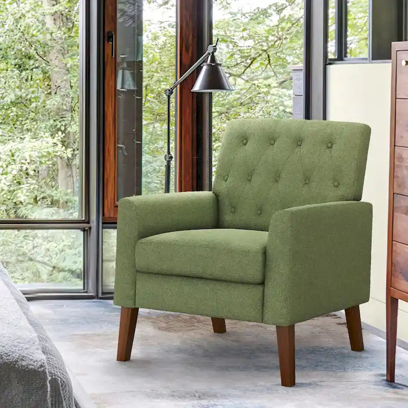 Poltrona d'accento in lino, trapuntata a bottoni, beige/grigia/verde, singola/doppia, stile metà secolo