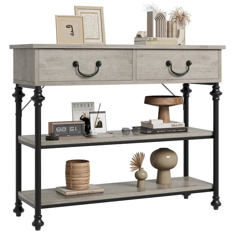 Consolle stretta Marrone/Grigio con cassetti e ripiani, Stile Vintage