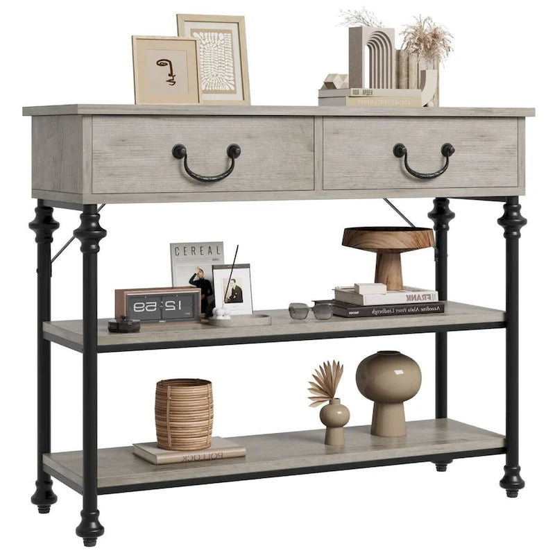 Consolle stretta Marrone/Grigio con cassetti e ripiani, Stile Vintage