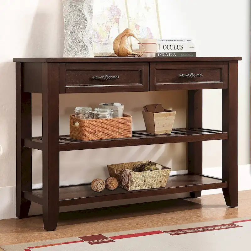 Tavolo console rustico a 2 cassetti, color espresso / marrone / blu marino / bianco antico, montaggio da 1 persona