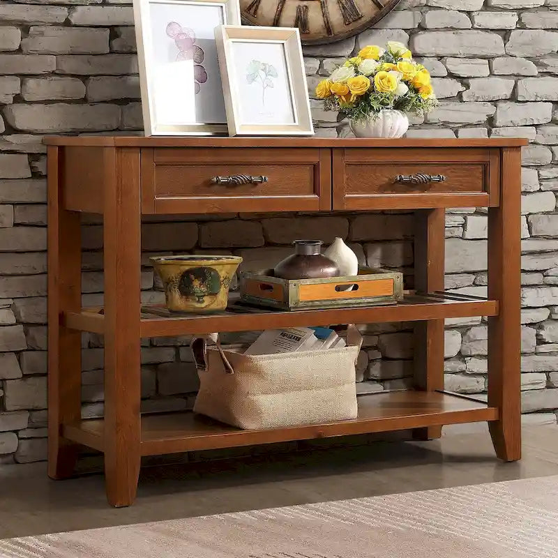 Tavolo console rustico a 2 cassetti, color espresso / marrone / blu marino / bianco antico, montaggio da 1 persona