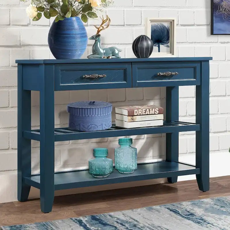 Tavolo console rustico a 2 cassetti, color espresso / marrone / blu marino / bianco antico, montaggio da 1 persona
