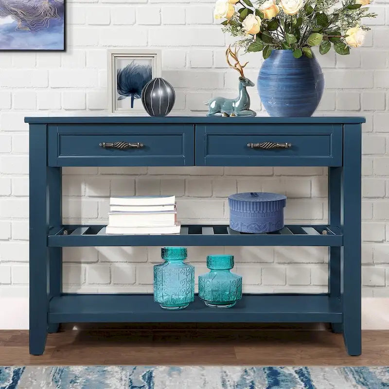 Tavolo console rustico a 2 cassetti, color espresso / marrone / blu marino / bianco antico, montaggio da 1 persona