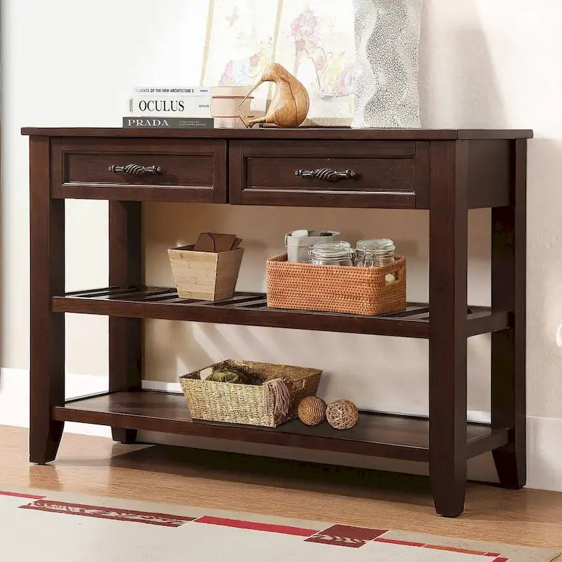 Tavolo console rustico a 2 cassetti, color espresso / marrone / blu marino / bianco antico, montaggio da 1 persona