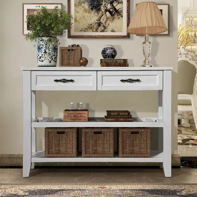 Tavolo console rustico a 2 cassetti, color espresso / marrone / blu marino / bianco antico, montaggio da 1 persona