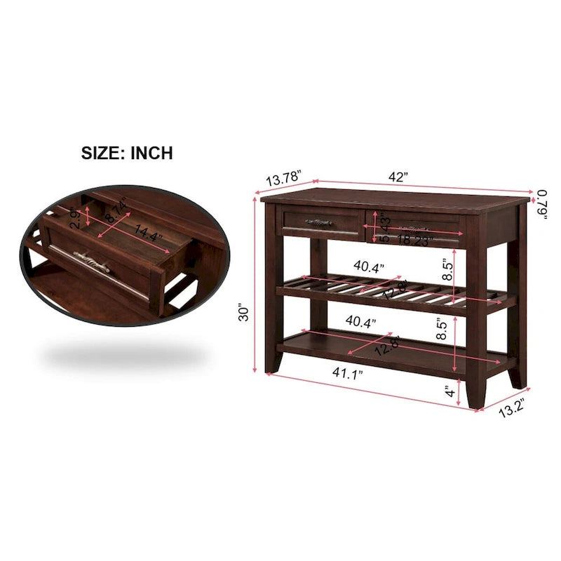 Tavolo console rustico a 2 cassetti, color espresso / marrone / blu marino / bianco antico, montaggio da 1 persona