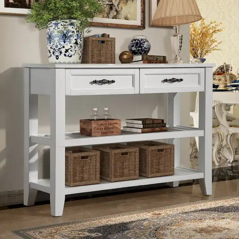 Tavolo console rustico a 2 cassetti, color espresso / marrone / blu marino / bianco antico, montaggio da 1 persona