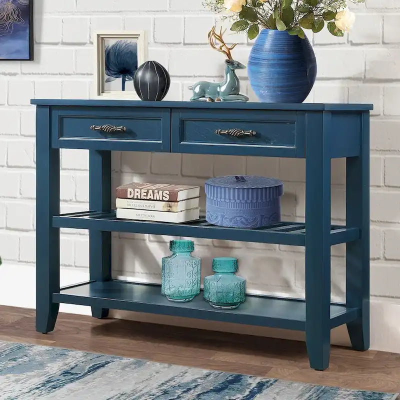Tavolo console rustico a 2 cassetti, color espresso / marrone / blu marino / bianco antico, montaggio da 1 persona