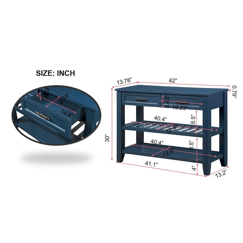 Tavolo console rustico a 2 cassetti, color espresso / marrone / blu marino / bianco antico, montaggio da 1 persona