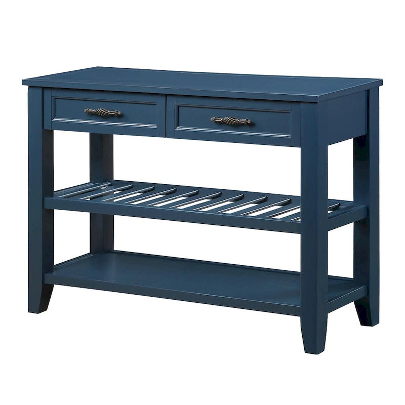 Tavolo console rustico a 2 cassetti, color espresso / marrone / blu marino / bianco antico, montaggio da 1 persona