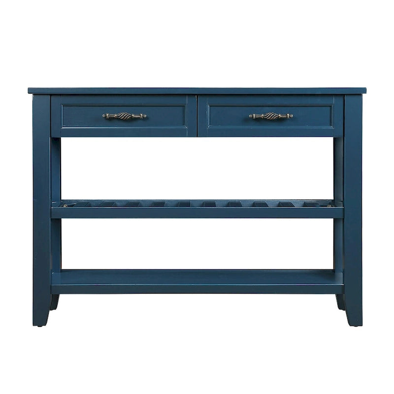Tavolo console rustico a 2 cassetti, color espresso / marrone / blu marino / bianco antico, montaggio da 1 persona
