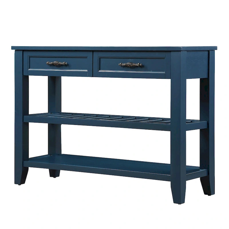 Tavolo console rustico a 2 cassetti, color espresso / marrone / blu marino / bianco antico, montaggio da 1 persona