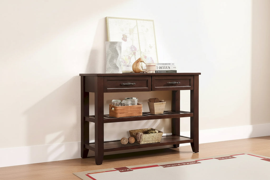 Tavolo console rustico a 2 cassetti, color espresso / marrone / blu marino / bianco antico, montaggio da 1 persona